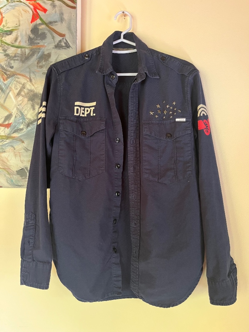 MOTHER Denim Dark Navy Blue Aviator Button Shirt Cotton XS studded stars rainbow